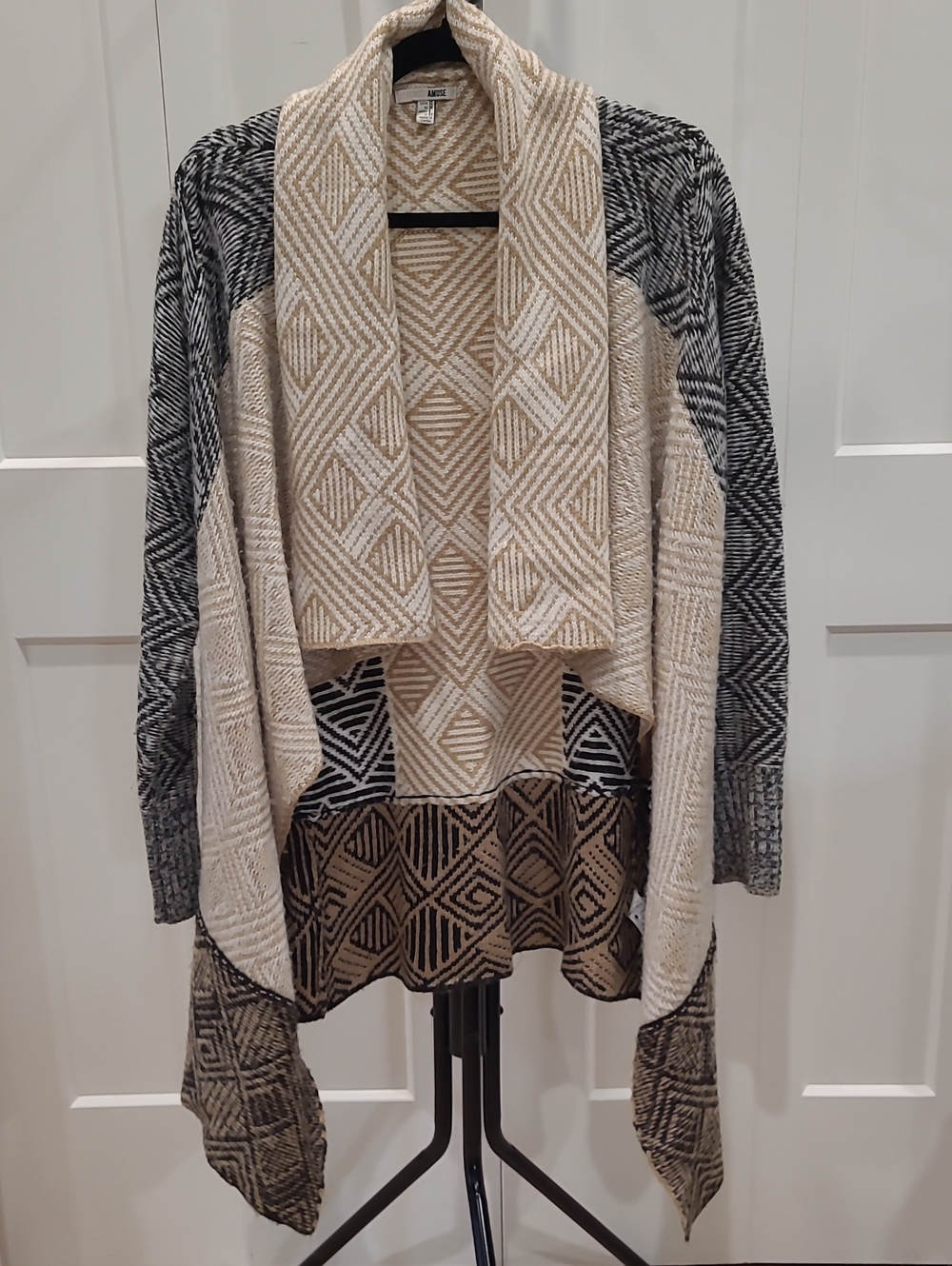 Amuse Society Cream, Black and Brown Geometric Draped Cardigan